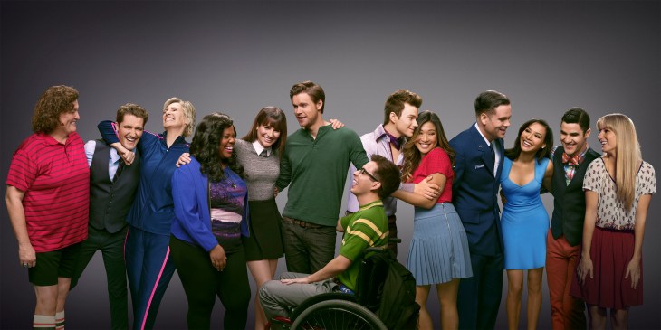 GLEE: The cast in the sixth and final season of GLEE airing Fridays (9:00-10:00 PM ET/PT) on FOX. Pictured L-R: Dot-Marie Jones, Matthew Morrison, Jane Lynch, Amber Riley, Lea Michele, Chord overstreet, Kevin McHale, Chris Colfer, Jenna Ushkowitz, Mark Salling, Naya Rivera, Darren Criss and Heather Morris. CR: Brian Bowen Smith/FOX